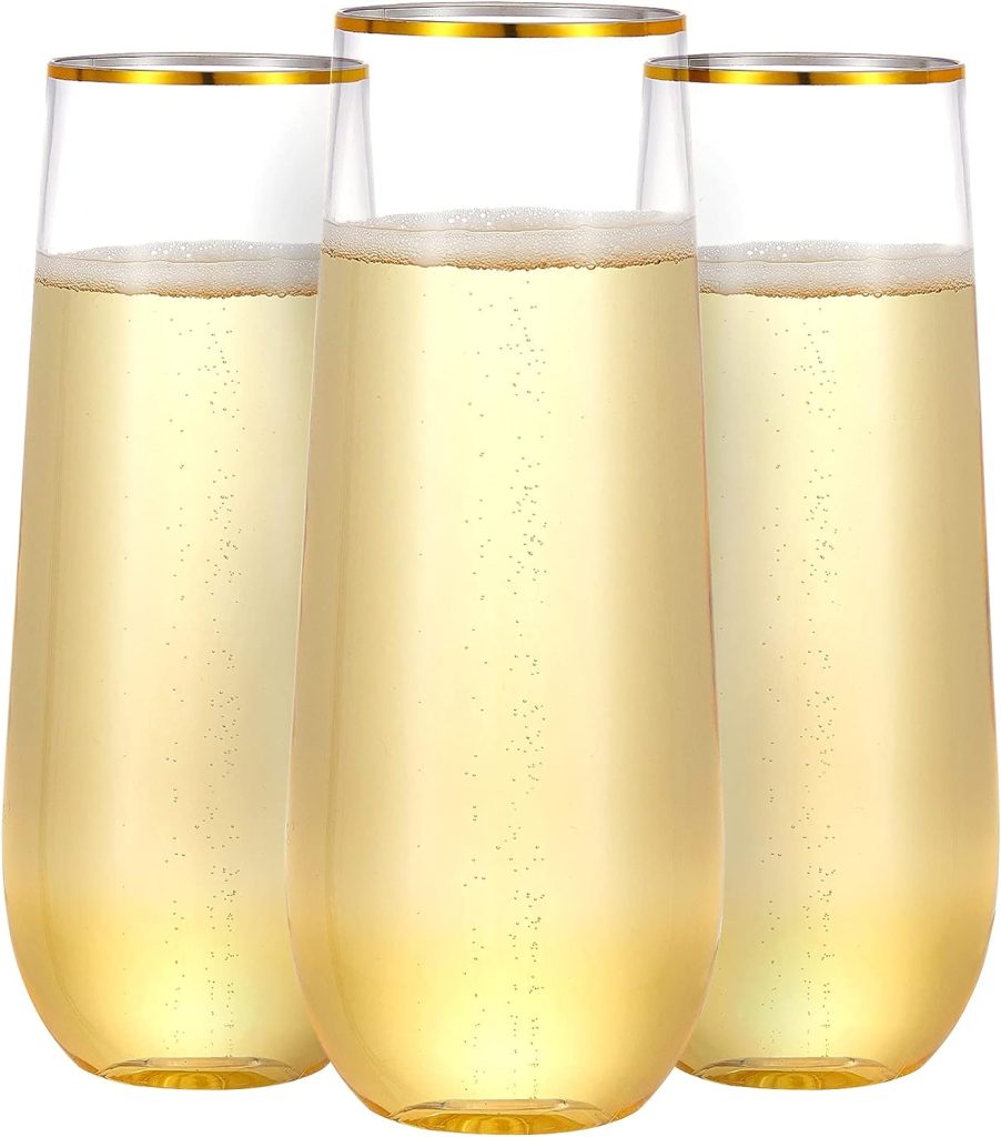 N9R 36 Pack Plastic Champagne Flutes, 9 Oz Stemless Disposable Gold Rim Toasting Glasses, Crystal Clear Cocktail Cups Drinkware Shatterproof Ideal for Party Wedding Birthday