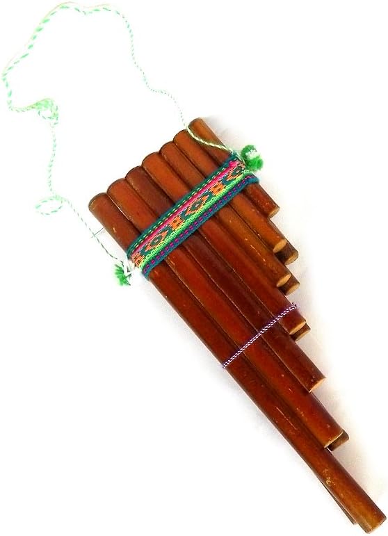 Natural Bamboo Wooden Pan Flute Pipe with Multicolored Tribal Print Woven Cotton Strap - Handmade Woodwind Gifts Peruvian Musical Instrument (Large)