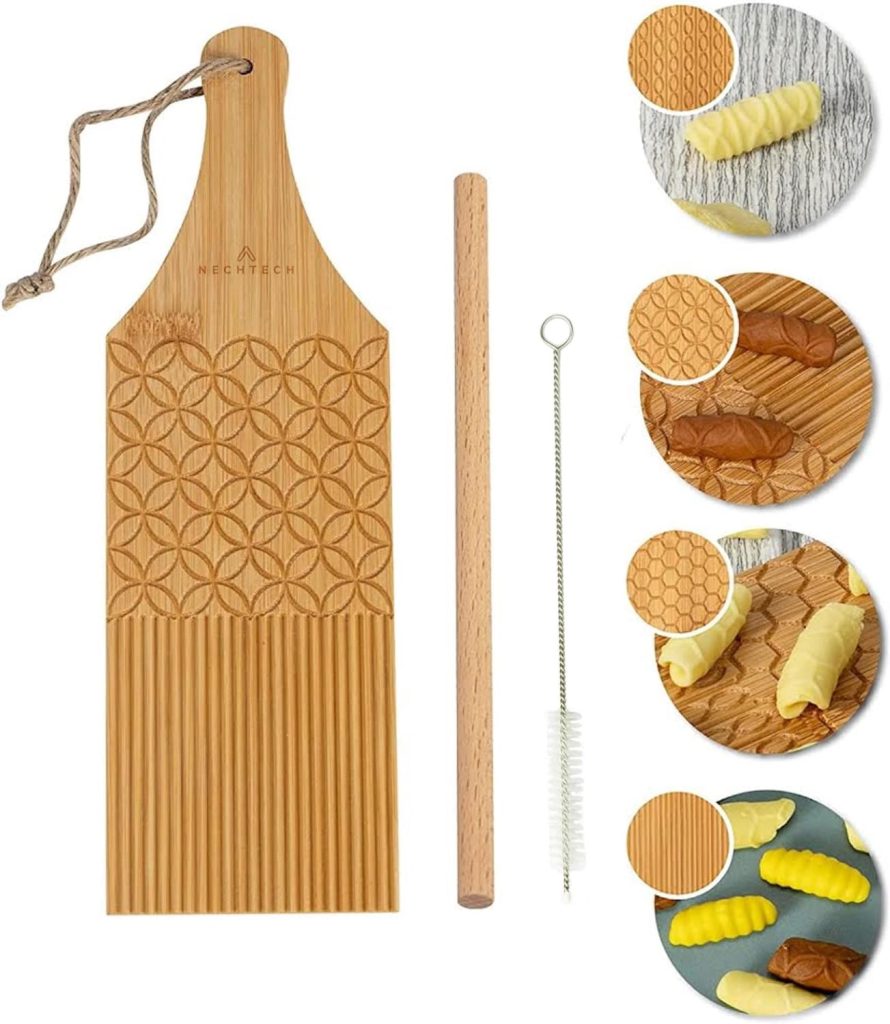 NechTech 2-Sided 4 in 1 Combo Pasta Board, Garganelli Board, Spaghetti Macaroni Maker, Bamboo Rolling, Cavatelli Pasta Maker, Gnocchi Roller with Cleaning Brush
