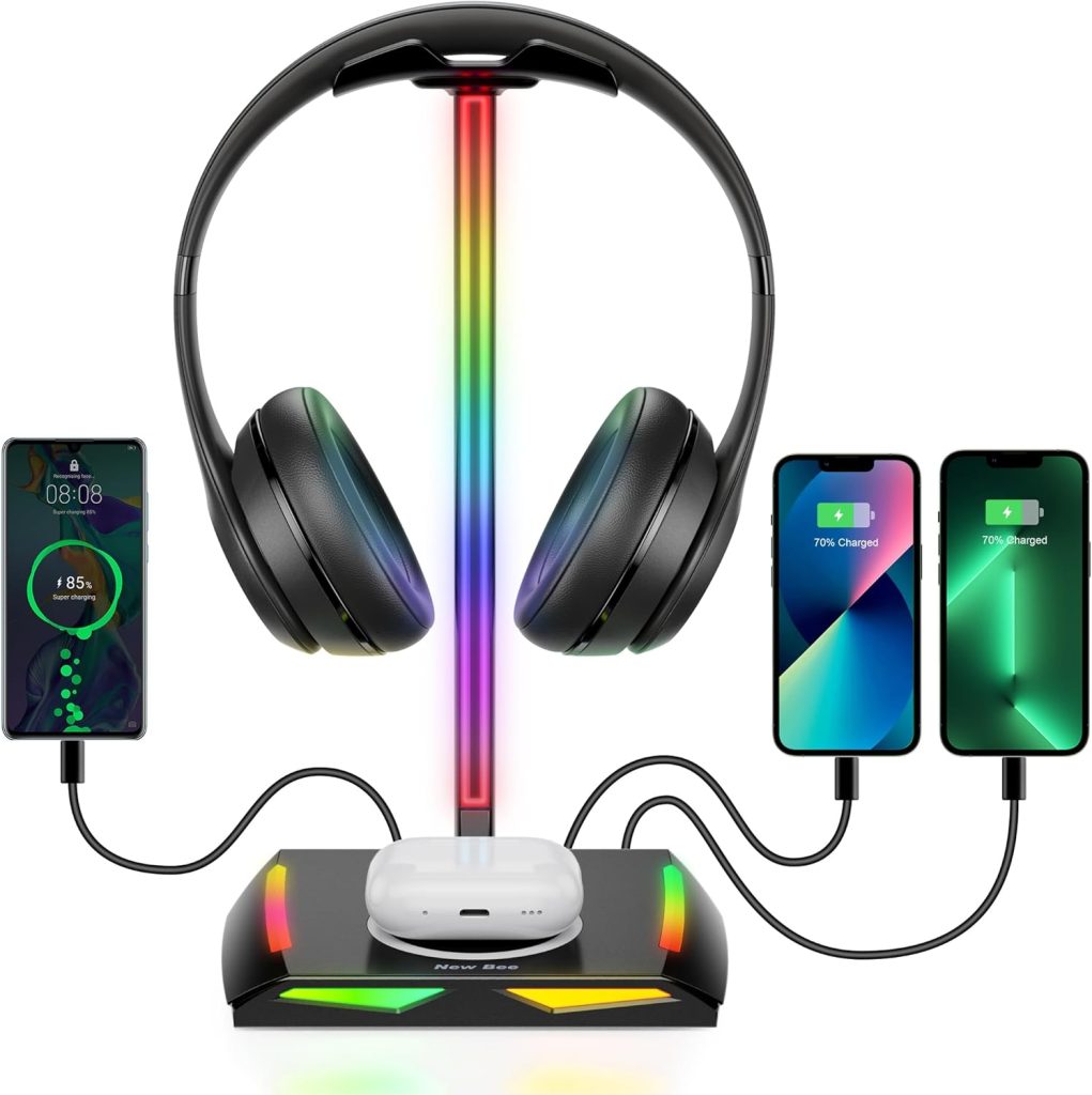 New bee RGB Headphone Stand with Wireless Charging and 2 USB-C  1 USB Charging Ports, Desk Gaming Headset Holder with 7 Light Modes and Non-Slip Rubber Base Suitable for All Earphone Accessories
