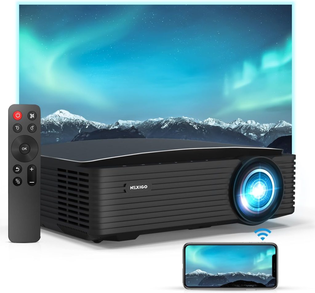 NexiGo PJ20 Outdoor Projector, Movie Projector with WiFi and Bluetooth, Native 1080P, Dolby_Audio Sound Support, Compatible w/TV Stick,iOS,Android,Laptop,Console