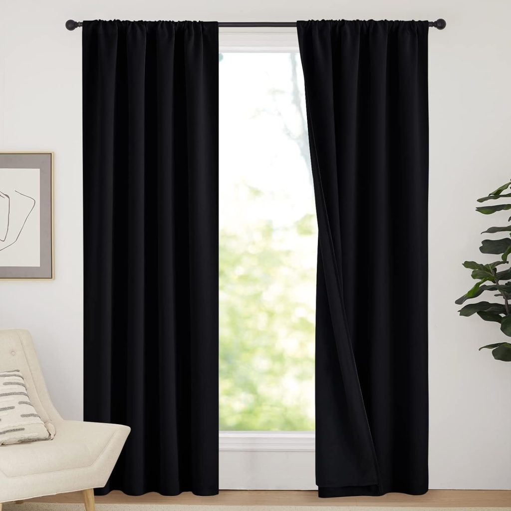 NICETOWN High-End Thermal Curtains, Full Blackout Curtains 84 Inches Long for Dining Room, Soundproof Window Treatment Drapes for Hall Room, Black, 42 inches Wide Per Panel, Set of 2 Panels