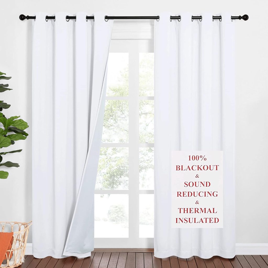 NICETOWN Sound Barrier 100% Blackout Divider Curtains 84, Noise, Cold and Heat Blocking Drapes with Felt Fabric Lining for Noise Reducing/Nursery/Daytime Sleep/Bedroom (White, 2 PCs, 52 Wide)
