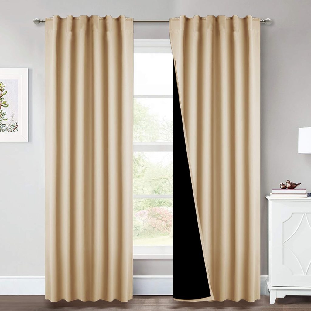 NICETOWN Thermal Insulated 100% Blackout Curtains, Multi-Function Noise Reducing Drapes with Black Lining, Full Light Blocking Drapery Panels for Patio (Biscotti Beige, 2 PCs, 52 inches x 95 inches)