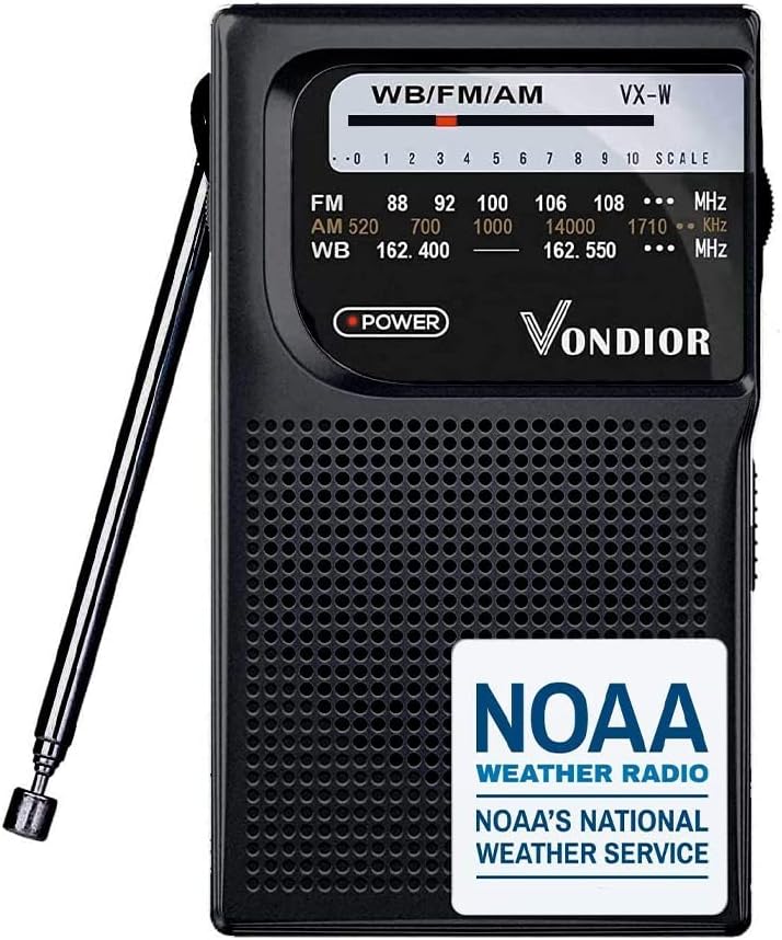 NOAA Weather Radio - Emergency NOAA/AM/FM Battery Operated Portable Radio with Best Reception and Longest Lasting Transistor. Powered by 2 AA Battery with Mono Headphone Socket, by Vondior (Silver)