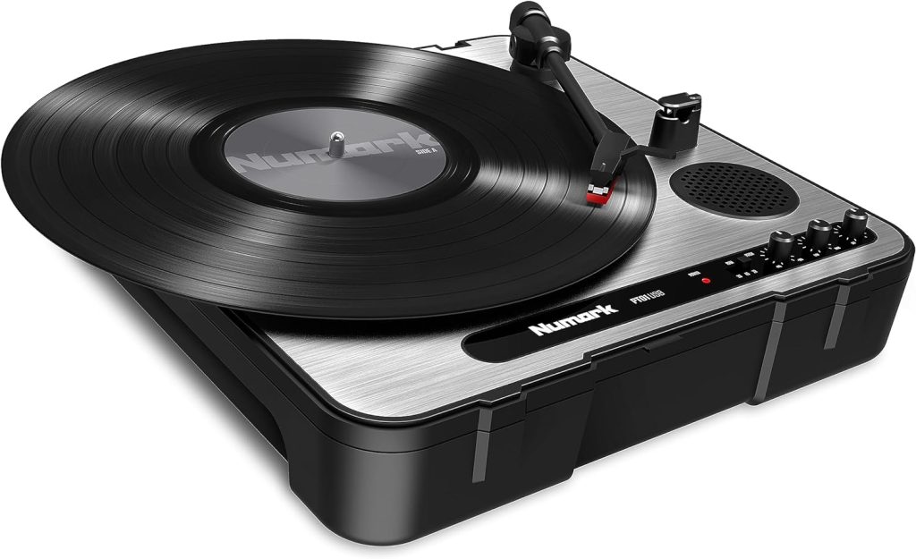 Numark PT01USB - Portable Vinyl Record Player, USB Turntable With Built In Speaker, Power via Battery or AC Adapter, Three Speed RPM Selection for Hi-Fi, Outdoors listening, DJ, Recording