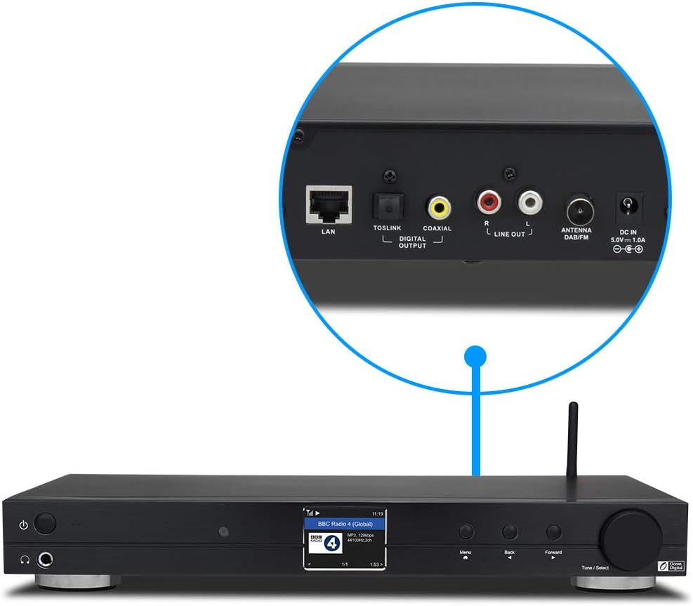 Ocean Digital WiFi Internet Component Radio Tuner (430 mm) WR10 FM/ Ethernet Bluetooth Receiver 2.4 Color Display with Digital Output to Connect Hi-Fi System -Black