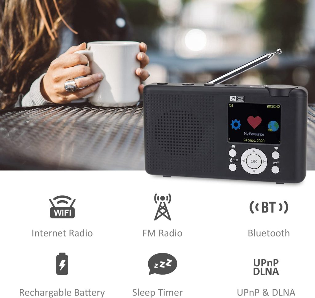 Ocean Digital WR-23F Portable FM Internet Radio 2.4” Color LCD Built-in Battery Wi-Fi Bluetooth (Black)