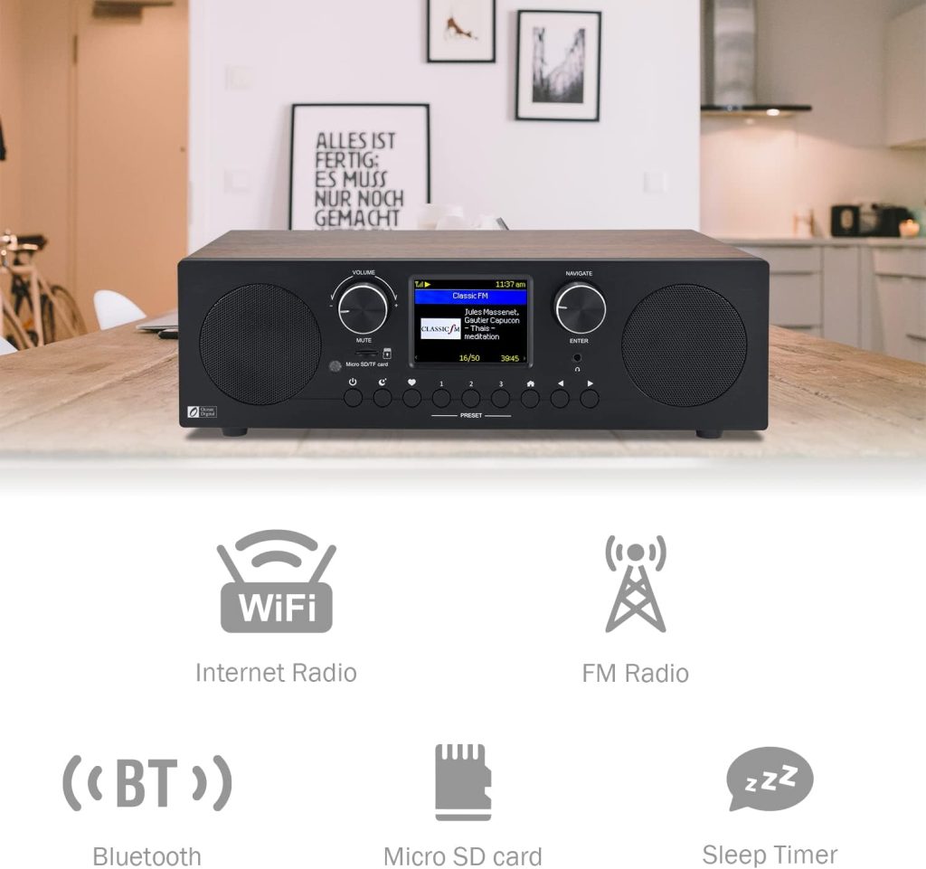 Ocean Digital WR-800 FM Wi-Fi Internet Radio Alarm Clock Stereo Speakers Micro SD Line Out Aux in 30,000+ Stations Stress Relief Relaxation Sleep Aid 2.8 Color Display Wooden Casing Black