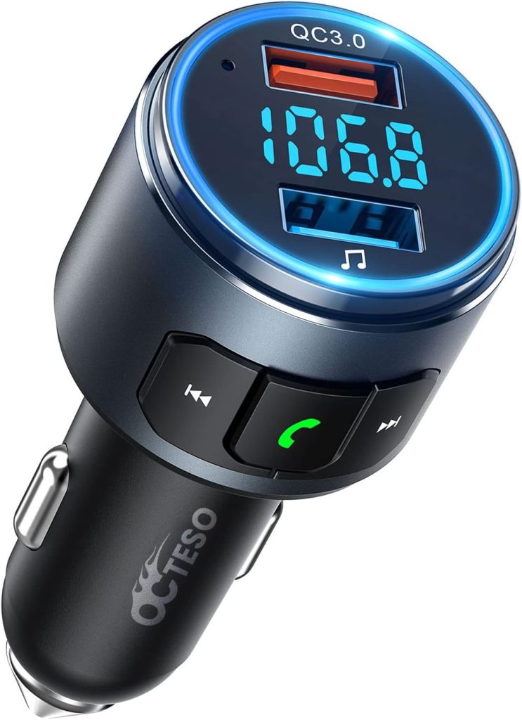 Octeso Upgraded V5.0 FM Bluetooth Transmitter Car, QC3.0  LED Backlit Wireless Bluetooth FM Radio Adapter Music Player/Car Kit with Hands-Free Calls, Siri Google Assistant