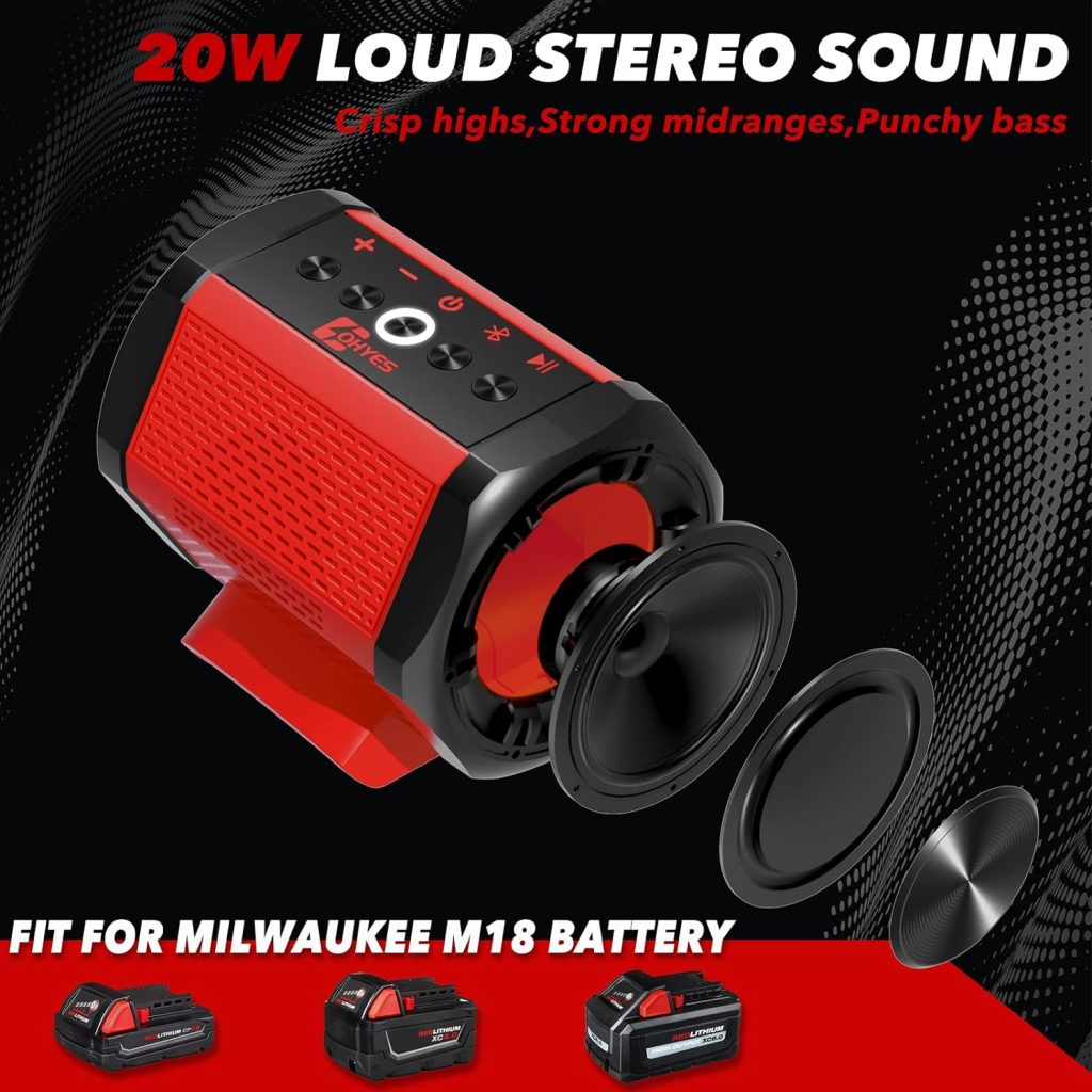 ohyes Bluetooth Speaker Compatible with Milwaukee M18 Battery Packs for Worksite, Camping and Parties (Battery not Included)