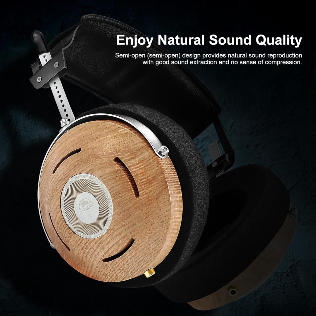 okcsc Open-Back Headphone for Studio 50mm Driver Horn HiFi Audiophile Headphones Classic Wooden Vintage Style Over Ear Headset with Dual 3.5mm Audio Cable, ASH Headphone Open-Back Headset