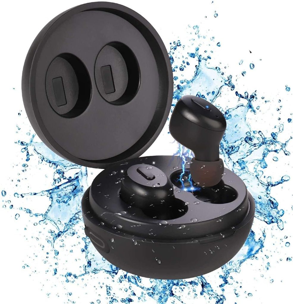 OKYUK IP68 Waterproof Earbuds for Swimming Shower Bath Driving Sauna, Bluetooth 5.0 Wireless Earbuds with Wireless Charging Case, Premium Deep Bass Earphones in Ear Headset Built-in Mic for Sport/Gym