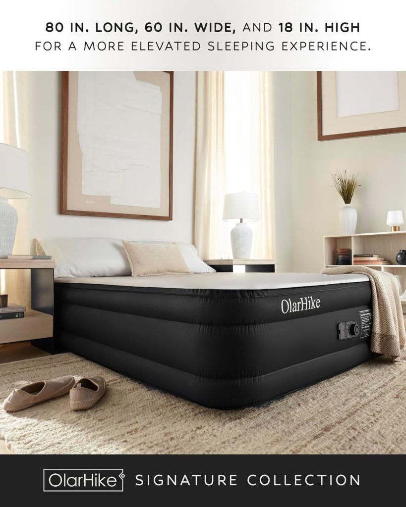 OlarHike Signature Collection Queen Air Mattress with Built in Pump,18” Luxury Air Mattress with Silk Foam Topper for Camping, Home  Guests, Durable Fast  Easy Inflation/Deflation Airbed Black