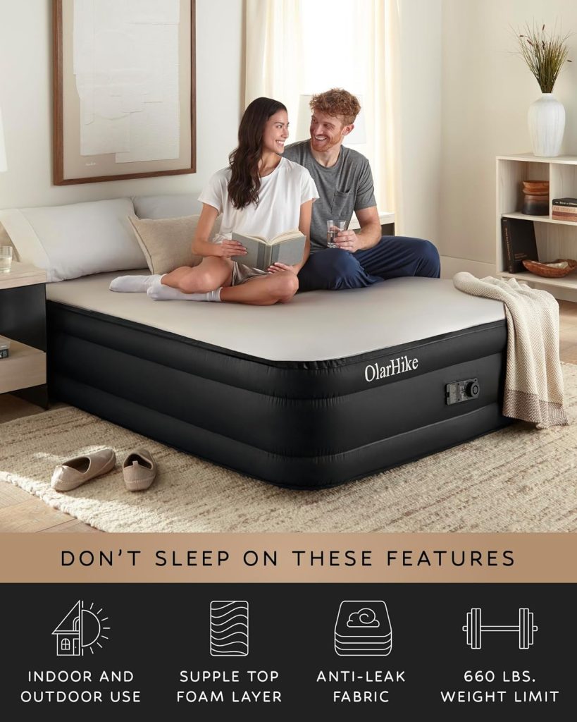 OlarHike Signature Collection Queen Air Mattress with Built in Pump,18” Luxury Air Mattress with Silk Foam Topper for Camping, Home  Guests, Durable Fast  Easy Inflation/Deflation Airbed Black