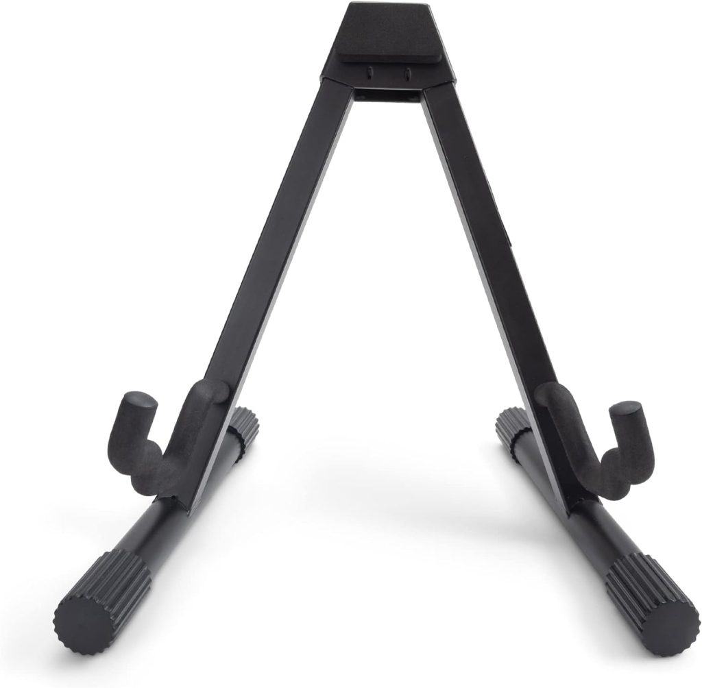 On-Stage GS7462B Professional A-Frame Guitar Stand (Holds Electric, Acoustic, and Bass Guitars, Small Amps, and Mixers, Stepped Yoke, Nonslip Padding, Rubber Feet, Folding, Portable, Storage, Display)