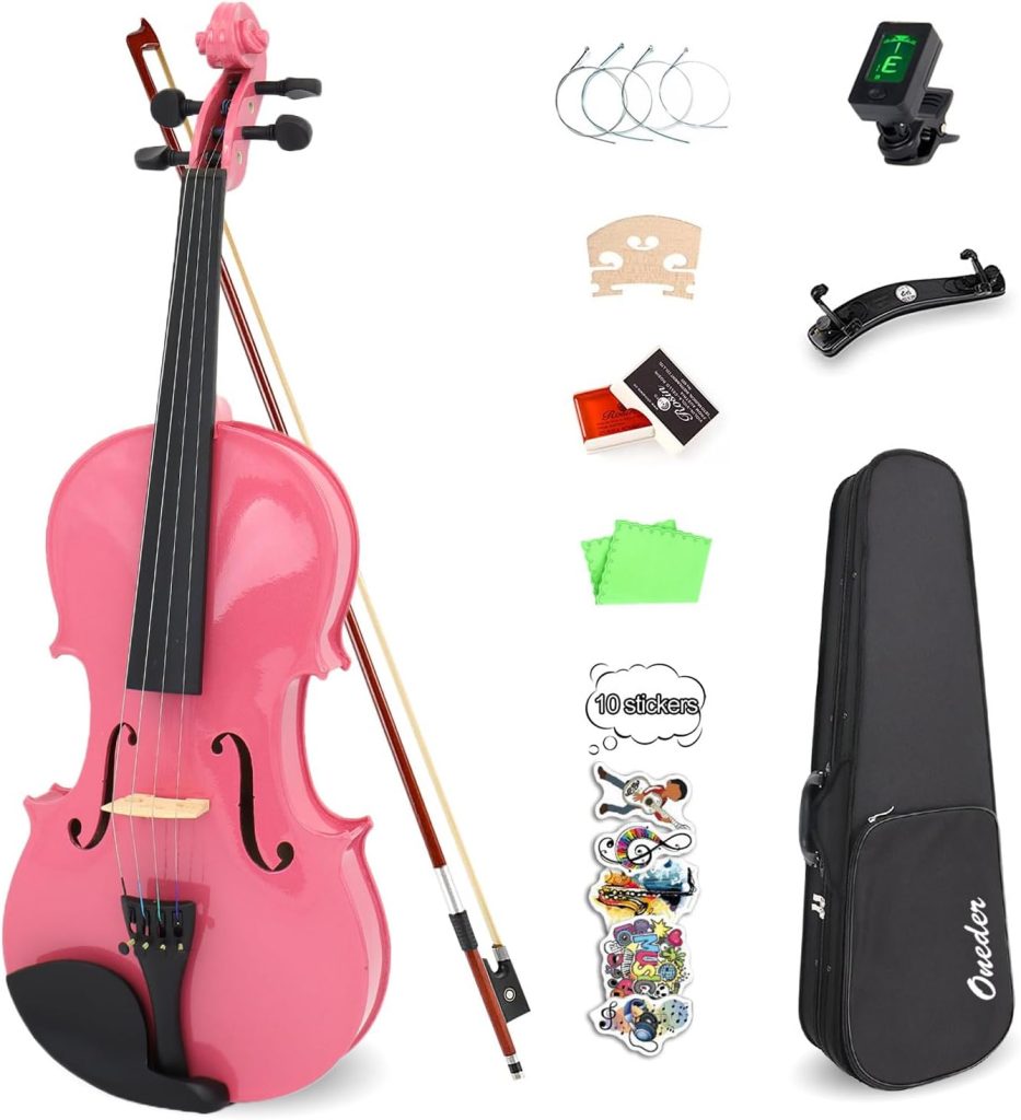 Oneder 4/4 Rainbow Violin Set Full Size Fiddle for Adults Beginners with Hard Case, Shoulder Rest, Rosin, Bow, Tuner, Extra Bridge Strings, 10 Music Stickers (Pink)