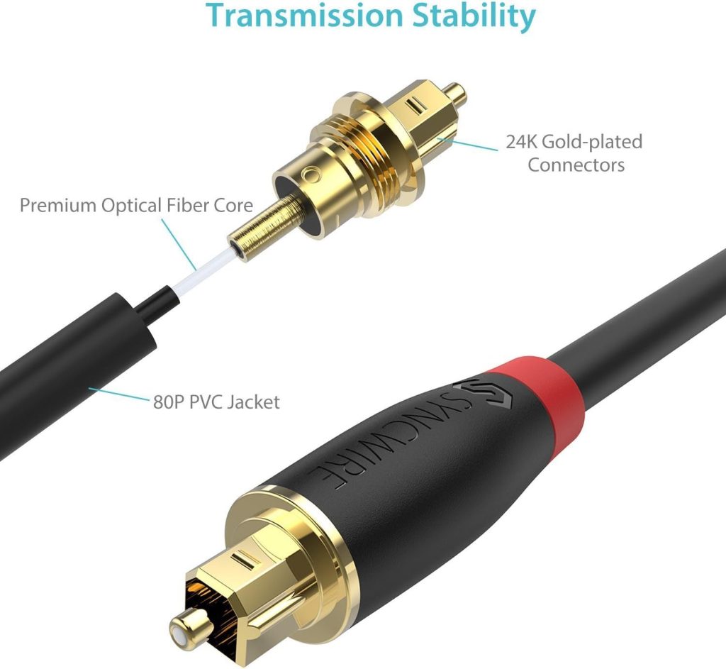 Optical Audio Cable - [24K Gold-Plated, Ultra-Durable] Syncwire Toslink Cable Fiber Optic Male to Male Cord for Home Theater, Sound Bar, TV, PS4, Xbox, Playstation  More - 6ft