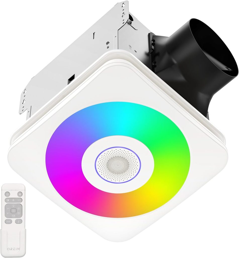 OREiN Bathroom Fan with Bluetooth Speaker, 110/160 CFM 1.0 Sones Bathroom Exhaust Fan with Light, 40W Bathroom Vent Fan with Light  Remote, 1500lm LED Light 2700K/4000K/6500K  Nightlight, Music Sync