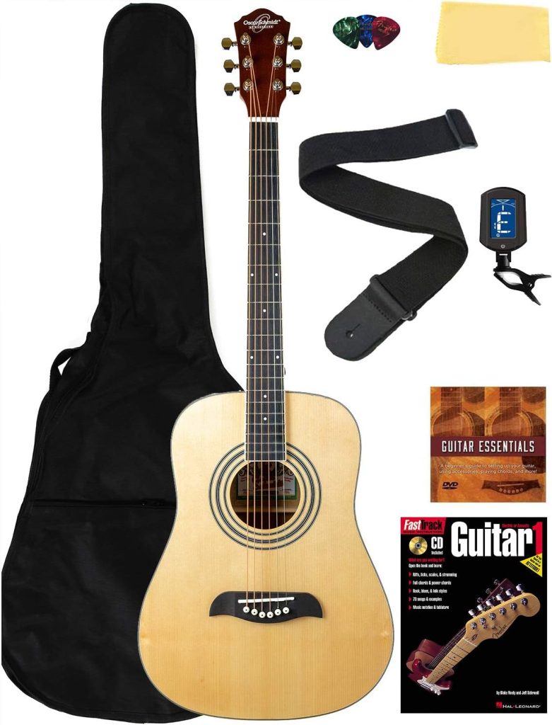 Oscar Schmidt OG5 3/4-Size Kids Acoustic Guitar - Natural Learn-to-Play Bundle with Gig Bag, Tuner, Strap, Picks, Instructional Book/DVD, and Polishing Cloth