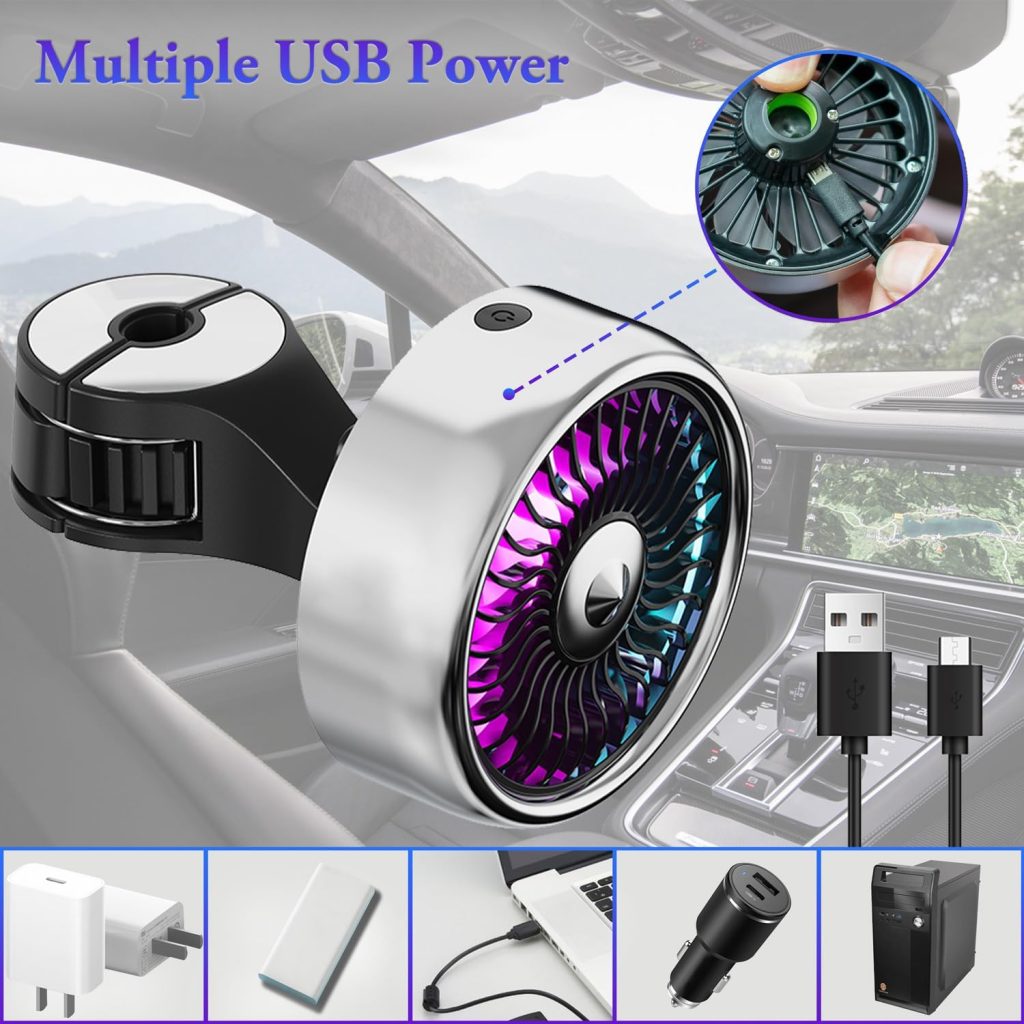 Ouffun Car Seat Fan, Mini USB Car Fan for Backseat Car Cooling Fan with LED Colorful Lights, 3 Speeds Strong Wind, Brushless Motor Mute Run, Adjustable Clip Electric Fan for Cars Vans RV SUV Truck