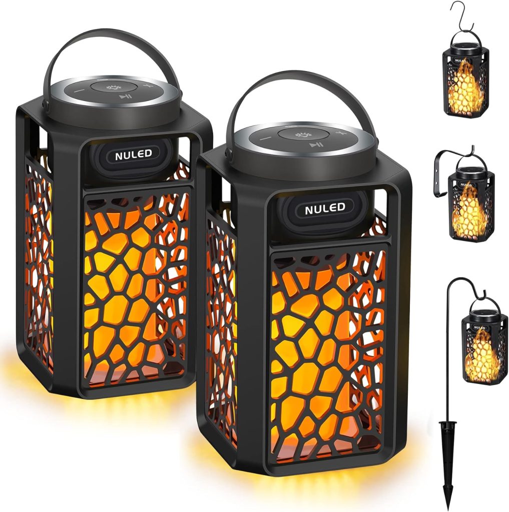 Outdoor Bluetooth 5.1 Speakers LED Flame Speakers 10W TWS Tiki Torch Atmosphere Lantern Waterproof Wireless Portable Sound System Wall Mounts Shepherds Hooks for Patio/Yard