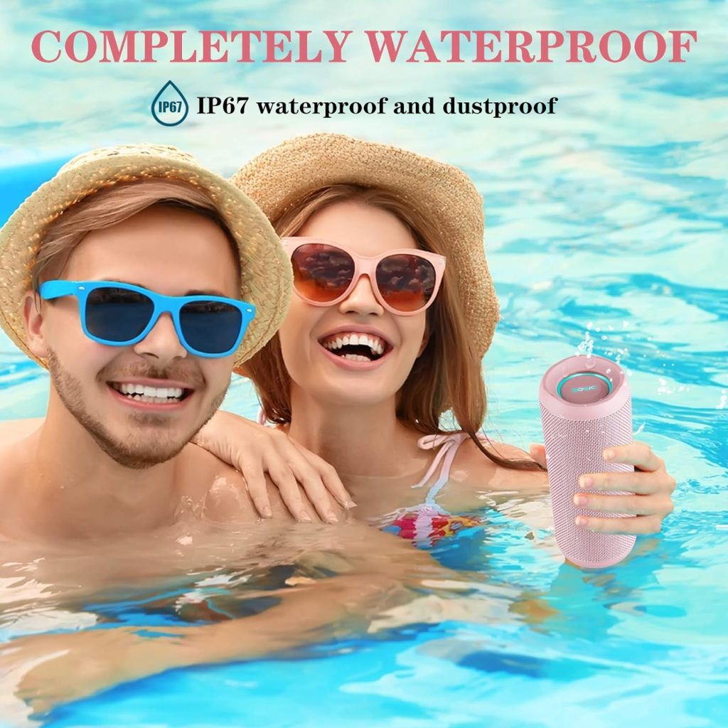 Outdoor Portable Bluetooth Speaker, Wireless IPX7 Waterproof Speaker, 25W Loud Sound, Bassboom Technology, TWS Pairing, 16H Playtime, Speaker with Lights - Pink…