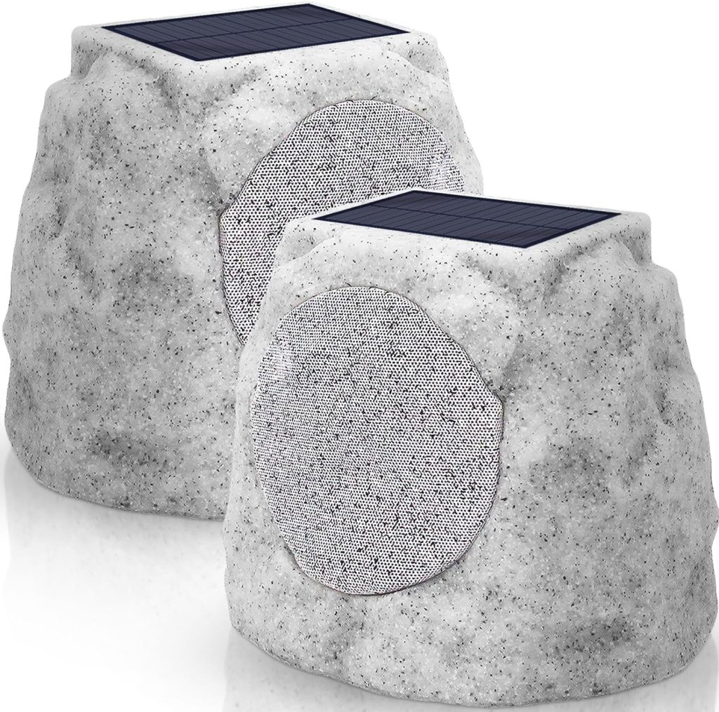 Outdoor Speakers Waterproof 2pack for All Seasons  Solar Powered with Rechargeable Battery Rock Speakers Wireless Bluetooth with Colorful LED Light for Garden, Patio (2-Pc, Granite Grey)