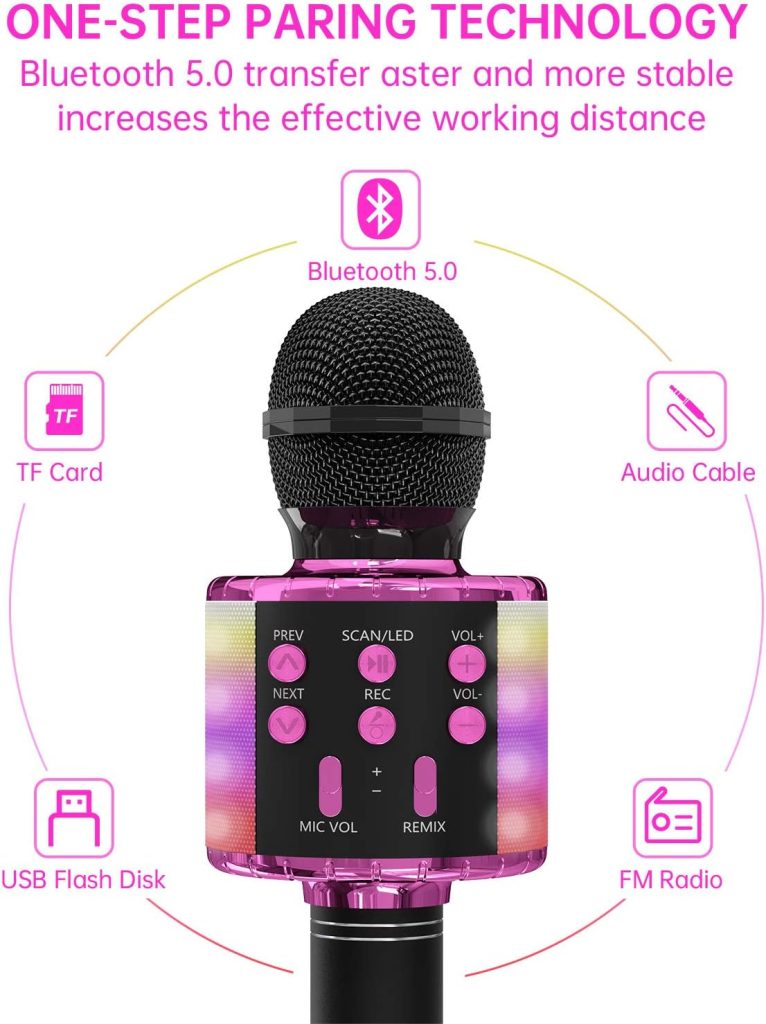 OVELLIC Karaoke Microphone for Kids, Wireless Bluetooth Karaoke Microphone with LED Lights, Portable Handheld Mic Speaker Machine, Great Gifts Toys for Girls Boys Adults All Age (Black)
