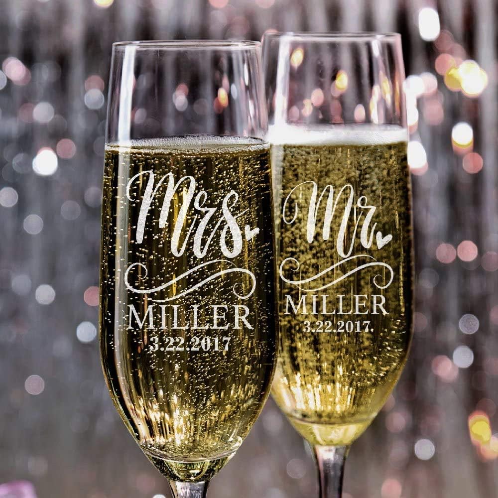 P Lab Set of 2, Bride and Groom Champagne Glasses w/Last Name  Date, Personalized Mr. Mrs. Engagement  Wedding Champagne Flutes, Toasting Glasses - Customized Etched Flutes, Wedding Gift #N5