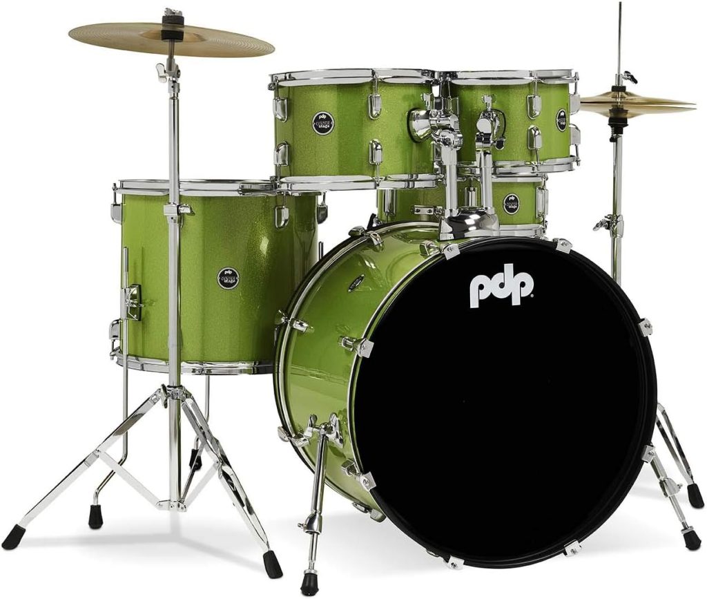 Pacific Drums Center Stage Complete Drumkit, 5 Drum Set, Electric Green Sparkle, 7x10, 8x12, 14x16 Floor, 16x22 Kick, 5x14 Snare (PDCE2215KTEL)