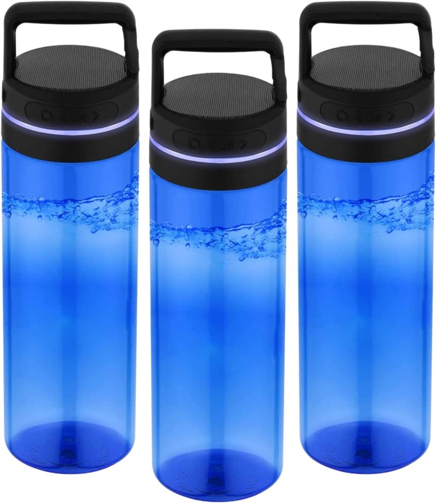 Pack of 3 Bluetooth Speaker Water Bottles with Speaker Lid, 24oz, Screw-on Cap with Built-in Wireless Speaker, Transparent Sports Water Bottle Bulk Pack, Blue