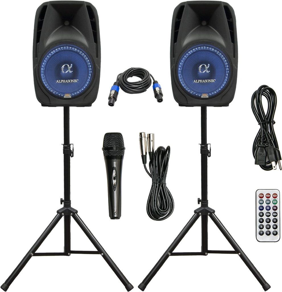 Pair Alphasonik All-in-one 15 Powered 2500W PRO DJ Amplified Loud Speakers with Bluetooth USB SD Card AUX MP3 FM Radio PA System LED Lights Karaoke Mic Guitar Amp 2 Tripod Stands Cable and Microphone