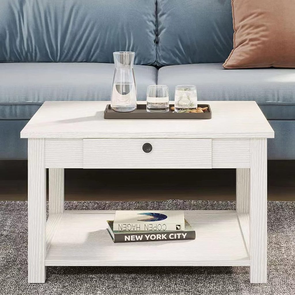 Panana Coffee Table, Small Coffee Table with Drawer and Shelf, Mid Century Modern Wood Coffee Tables Center Table Side End Table for Living Room, Apartment, Reception, Office, White