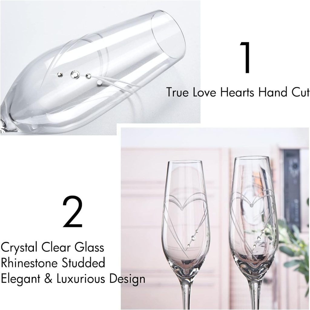 Parihy Champagne Flutes, Bride and Groom Wedding Toasting Champagne Glasses Set of 2 with Engraved Love Heart Design Embellished with Crystal, Wedding Engagement Christmas Gifts for Couple