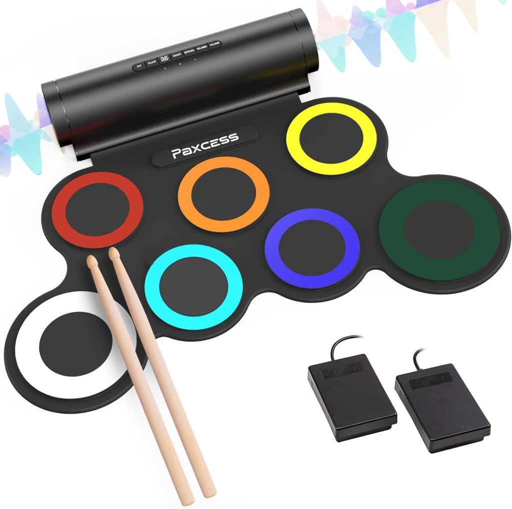 Paxcess 7 Pads Electronic Drum Set, Roll-Up Drum Practice Pad Drum Kit with Headphone Jack Built-in Speaker Drum Pedals Drum Sticks 10 Hours Playtime, Great Holiday Birthday Gift for Kids (Colorful)