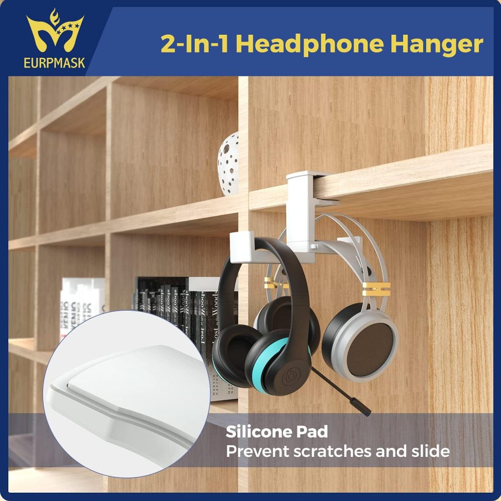PC Gaming Headphone Stand,Dual Headset Hanger Hook Holder with Adjustable  Rotating Arm Clamp,Under Desk Design,Universal Fit,Built in Cable Clip Organizer EURPMASK