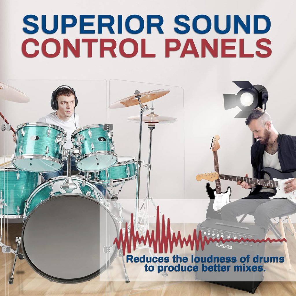 PENNZONI 4ft Drum Shield w/Chrome Hinges, Comes w/ 3 Drum Panels,  4 Chrome Hinges, Premium Clear Acrylic Panels, Drum Screen