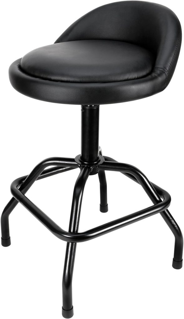 Performance Tool W85011 Adjustable Height Bar Stool, Pneumatic Swivel Bar Stool with Back Support, 360 Degree Swivel, Heavy Duty Steel Frame Stool Perfect for Home, Bar and Shop, Black