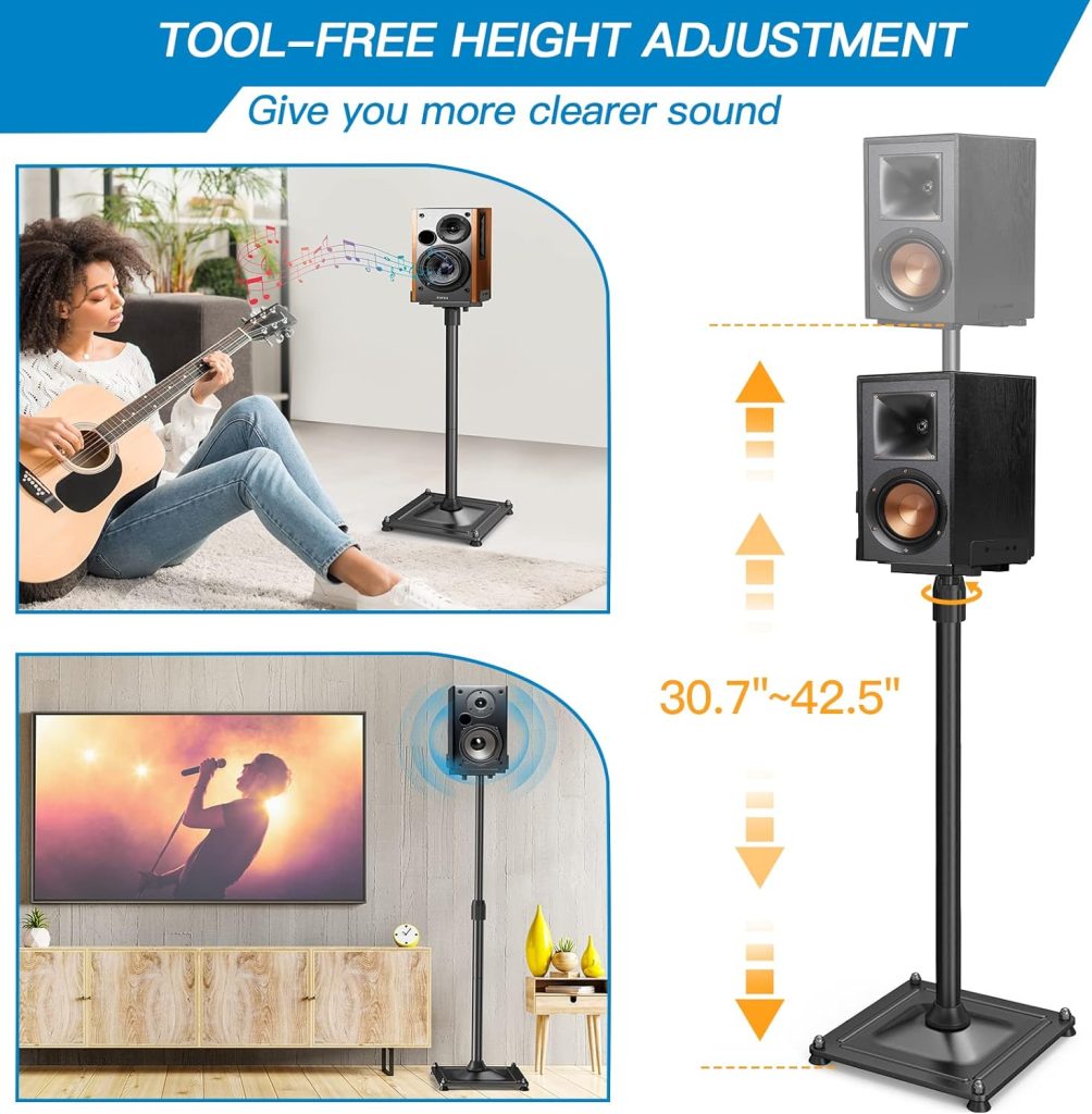 PERLESMITH Universal Speaker Stands Height Adjustable Extend 30.7” to 42.5” Holds Satellite Speakers  Bookshelf Speakers up to 11lbs-1 Pair PSSS2 Black