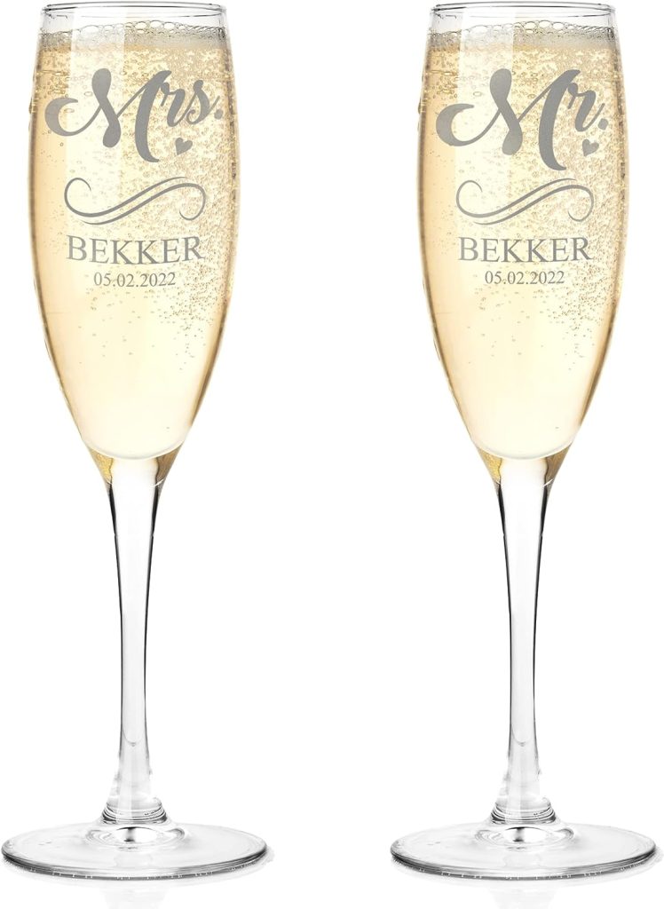 Personalized Champagne Flutes Set of 2 - Stemmed Drinking Glasses Set - Mr and Mrs Champagne Flutes - Custom Engraved Wedding Gifts for Marriage, Bridal Party, Engagement