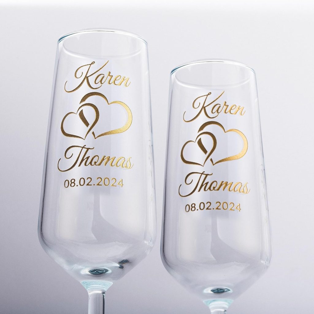 Personalized Wedding Champagne Flutes, Sandblast Engraved Set of 2 Glasses - 7 Oz - Custom Names  Date, Customized Ceremonial Toasting Glasses for Bride  Groom