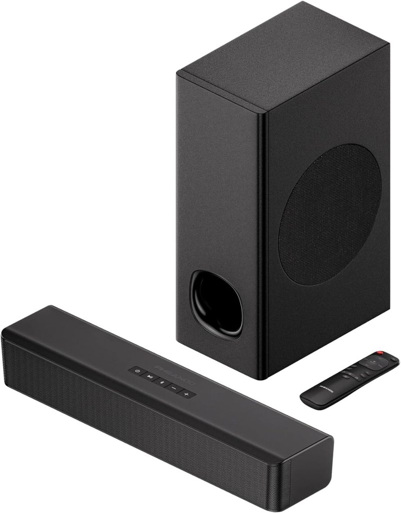 PHEANOO 2.1 Compact Sound Bars for TV with Subwoofer, HDMI ARC/Bluetooth 5.0/Optical/AUX/RCA Connection, Remote Control, Adjustable Bass, Wall Mountable – P15, 140W, 16 inch : Electronics