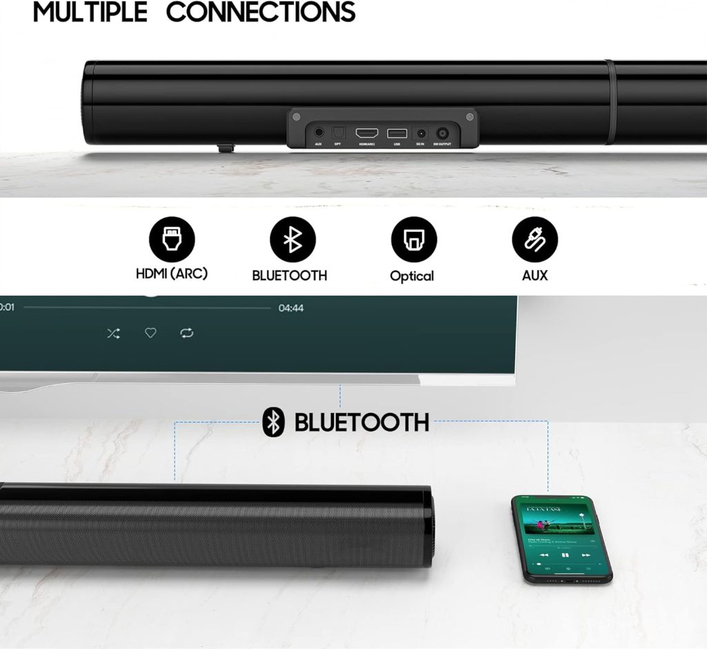 PHEANOO 2.1 Compact Sound Bars for TV with Subwoofer, HDMI ARC/Bluetooth 5.0/Optical/AUX/RCA Connection, Remote Control, Adjustable Bass, Wall Mountable – P15, 140W, 16 inch