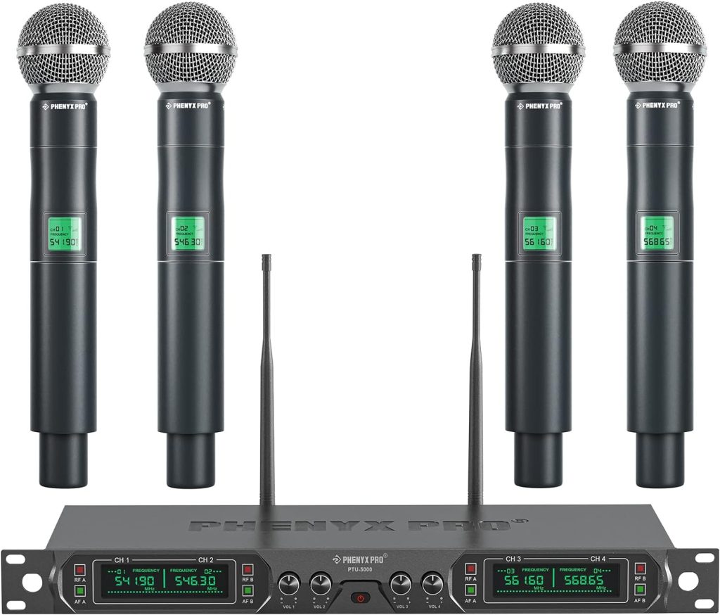 Phenyx Pro Wireless Microphone System, 4-Channel UHF Wireless Mic, Fixed Frequency Metal Cordless Mic with 4 Handheld Dynamic Microphones, 260ft Range, Microphone for Singing,Church(PTU-5000-4H)