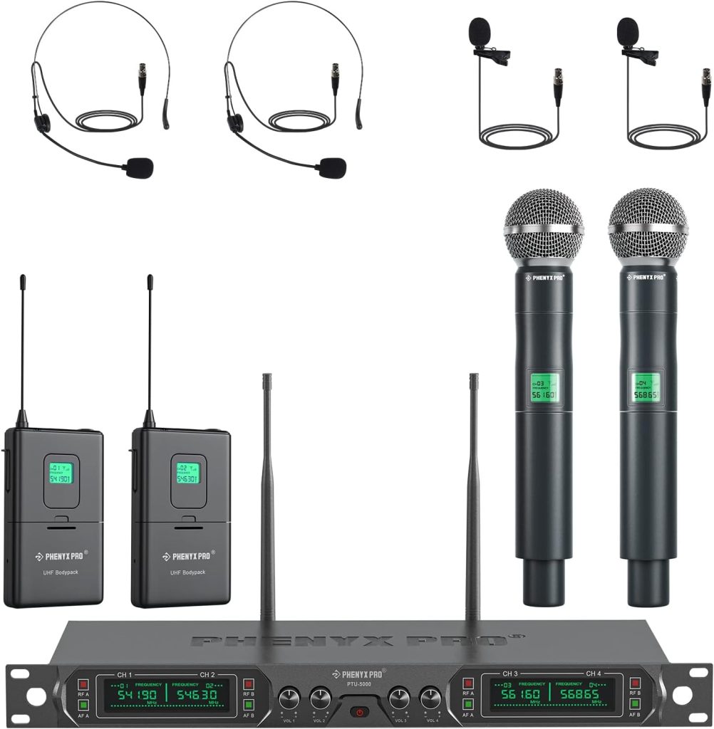 Phenyx Pro Wireless Microphone System, 4-Channel UHF Wireless Mic Set with Handheld/Bodypack/Headset/Lapel Mics, Fixed Frequency Metal Cordless Microphone for Church,Singing,DJ(PTU-5000-2H2B)