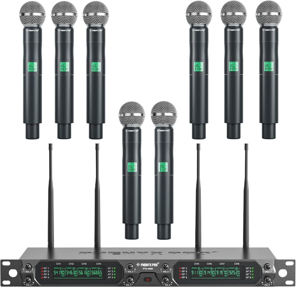 Phenyx Pro Wireless Microphone System, 8-Channel UHF Cordless Mic with Metal Handheld Wireless Mics, Fixed Frequency Dynamic Microphone for Karaoke,Church,Singing,DJ,260ft Range (PTU-4000-8H)