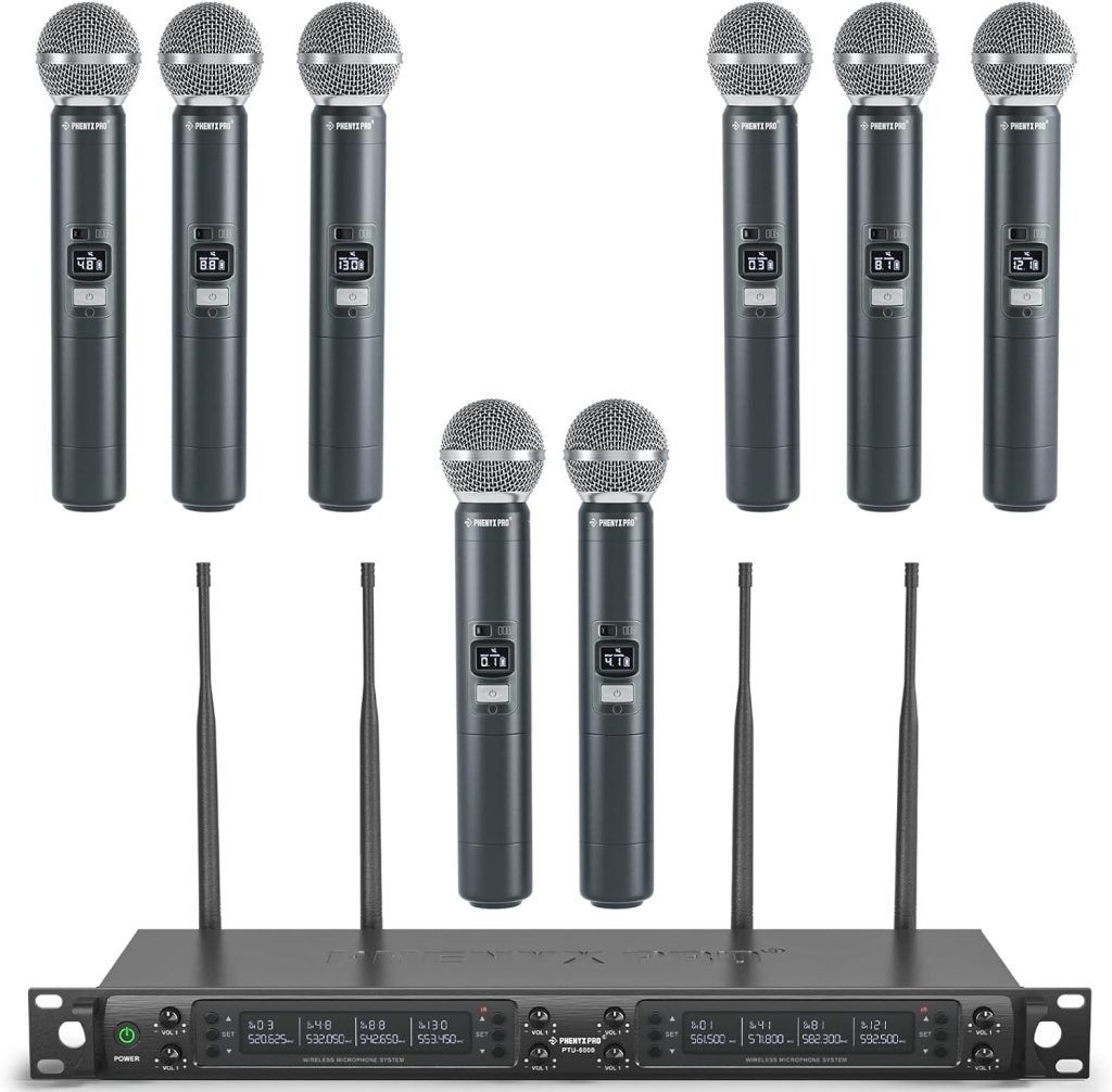 Phenyx Pro Wireless Microphone System, Eight-Channel Wireless Mic, w/ 8 Handheld Dynamic Microphones, Auto Scan,8x40 Adjustable UHF Channels, 328ft, Microphone for Singing,Church, Karaoke(PTU-6000A)