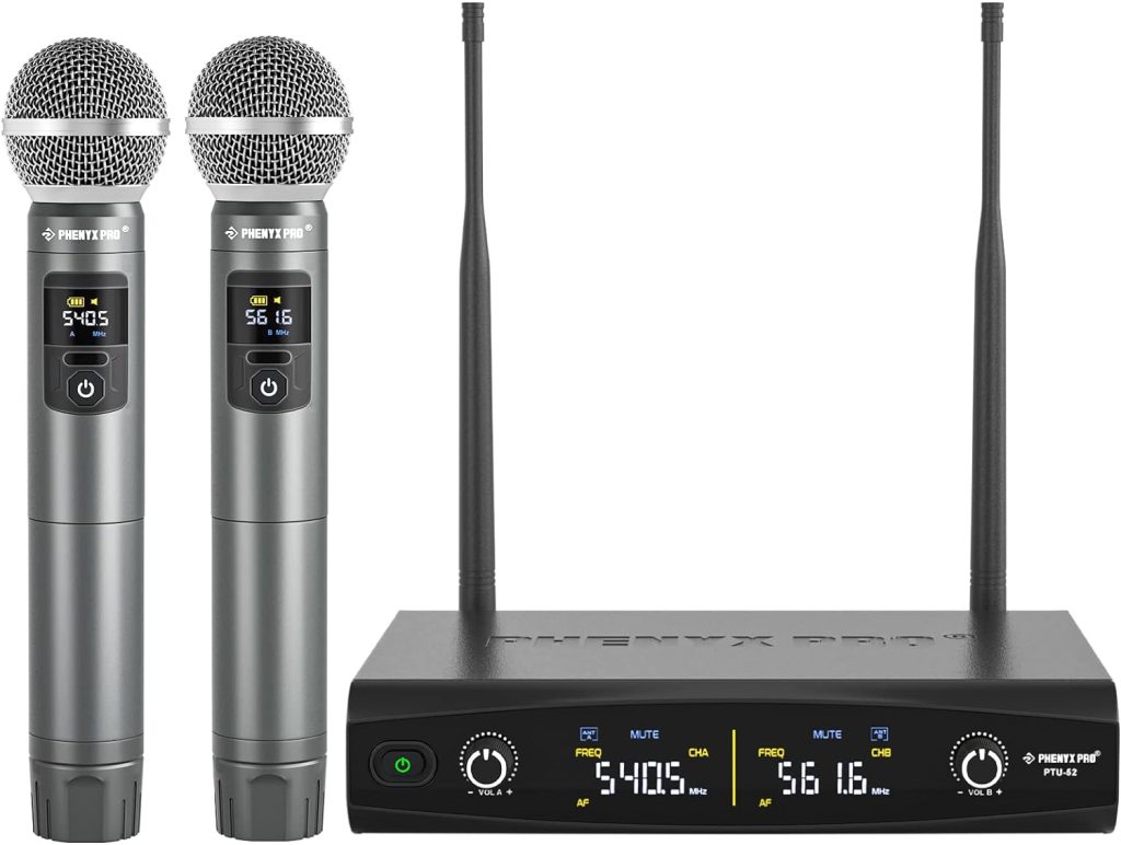 Phenyx Pro Wireless Microphone System, Metal Wireless Mic Set with Case,Handheld Cordless Dynamic Microphones for Singing, Karaoke, Church, DJ, 2x30 UHF Adjustable Frequencies,200ft Range(PTU-52-2H)
