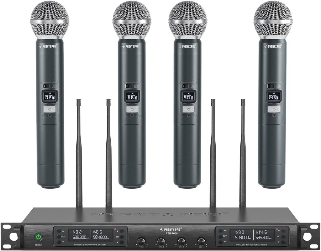 Phenyx Pro Wireless Microphone System, Quad Channel Wireless Mic, w/ 4 Handheld Dynamic Microphones, 4x40 Channels, Auto Scan, Long Distance 328ft, Microphone for Singing, Church, Karaoke (PTU-7000A)